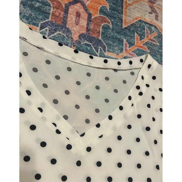 NWT white black polka dot vneck ruffle short sleeve blouse old money staple‎ top - Picture 3 of 8
